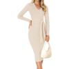 imageZESICA Womens 2025 Fall Sweater Dress V Neck Long Sleeve Ribbed Knit Tie Waist Bodycon Slim Fit Midi DressesApricot