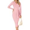imageZESICA Womens 2025 Fall Sweater Dress V Neck Long Sleeve Ribbed Knit Tie Waist Bodycon Slim Fit Midi DressesPink