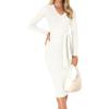 imageZESICA Womens 2025 Fall Sweater Dress V Neck Long Sleeve Ribbed Knit Tie Waist Bodycon Slim Fit Midi DressesWhite
