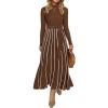 imageZESICA Womens 2025 Fall Turtleneck Long Sleeve Sweater Dress Tie Waist Casual Loose Ribbed Knit A Line Midi DressesBrown