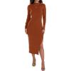 imageZESICA Womens 2025 Ribbed Knit Dress Long Sleeve Mock Neck Slim Fit Side Slit Fall Elegant Sweater DressesRust