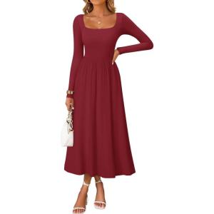 imageZESICA Fall Dresses for Women 2025 Elegant Classy Square Neck Long Sleeve Flowy Wedding Guest Party Midi DressBurgundy