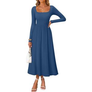 imageZESICA Fall Dresses for Women 2025 Elegant Classy Square Neck Long Sleeve Flowy Wedding Guest Party Midi DressDusty Blue
