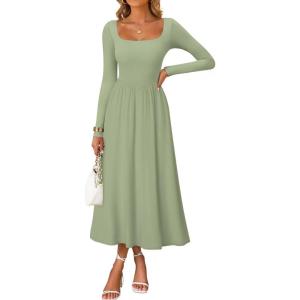 imageZESICA Fall Dresses for Women 2025 Elegant Classy Square Neck Long Sleeve Flowy Wedding Guest Party Midi DressLight Green