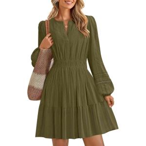 imageZESICA Long Sleeve V Neck Mini Dresses for Women 2025 Fall High Waist Ruffle Pleated A Line Cocktail Party Short DressArmygreen