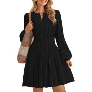imageZESICA Long Sleeve V Neck Mini Dresses for Women 2025 Fall High Waist Ruffle Pleated A Line Cocktail Party Short DressBlack