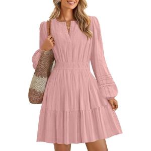 imageZESICA Long Sleeve V Neck Mini Dresses for Women 2025 Fall High Waist Ruffle Pleated A Line Cocktail Party Short DressPink