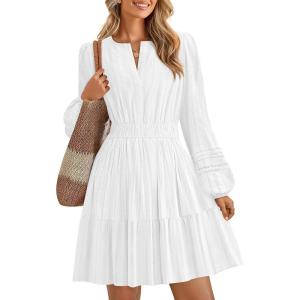 imageZESICA Long Sleeve V Neck Mini Dresses for Women 2025 Fall High Waist Ruffle Pleated A Line Cocktail Party Short DressWhite