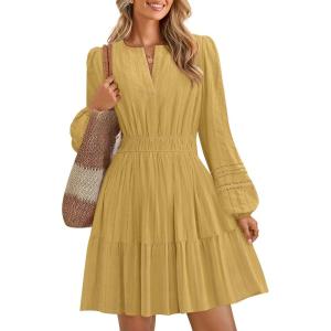 imageZESICA Long Sleeve V Neck Mini Dresses for Women 2025 Fall High Waist Ruffle Pleated A Line Cocktail Party Short DressYellow