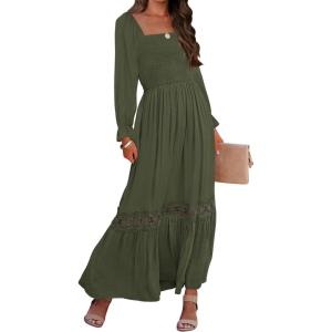 imageZESICA Womens 2025 Boho Long Sleeve Square Neck Smocked High Waist Flowy A Line Lace Trim Maxi DressArmy Green