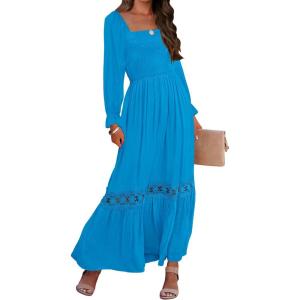 imageZESICA Womens 2025 Boho Long Sleeve Square Neck Smocked High Waist Flowy A Line Lace Trim Maxi DressCobalt