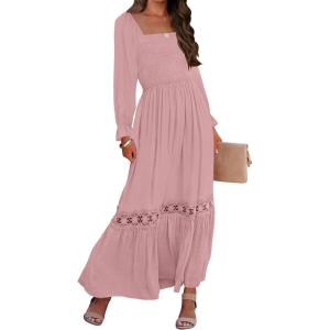 imageZESICA Womens 2025 Boho Long Sleeve Square Neck Smocked High Waist Flowy A Line Lace Trim Maxi DressDark Pink