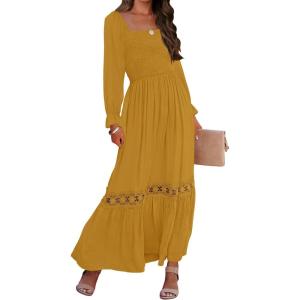 imageZESICA Womens 2025 Boho Long Sleeve Square Neck Smocked High Waist Flowy A Line Lace Trim Maxi DressGinger