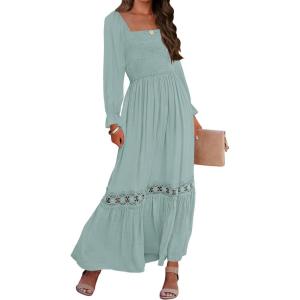 imageZESICA Womens 2025 Boho Long Sleeve Square Neck Smocked High Waist Flowy A Line Lace Trim Maxi DressLight Green