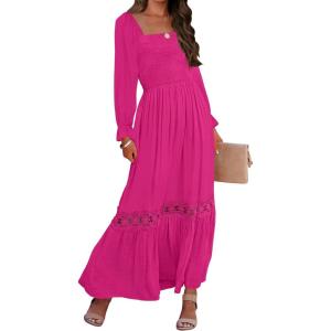 imageZESICA Womens 2025 Boho Long Sleeve Square Neck Smocked High Waist Flowy A Line Lace Trim Maxi DressRose