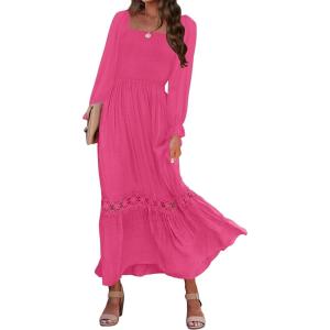 imageZESICA Womens 2025 Boho Long Sleeve Square Neck Smocked High Waist Flowy A Line Lace Trim Maxi DressRose Pink