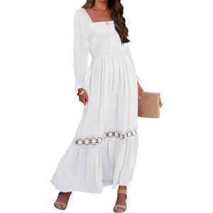 imageZESICA Womens 2025 Boho Long Sleeve Square Neck Smocked High Waist Flowy A Line Lace Trim Maxi DressWhite