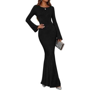 imageZESICA Womens 2025 Fall Bodycon Sweater Dress Long Sleeve Boat Neck Ribbed Knit Wedding Guest Cocktail Maxi DressesBlack