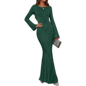 imageZESICA Womens 2025 Fall Bodycon Sweater Dress Long Sleeve Boat Neck Ribbed Knit Wedding Guest Cocktail Maxi DressesDark Green