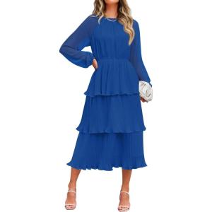 imageZESICA Womens 2025 Fall Long Sleeve Ruffle Tiered Layered Chiffon Flowy Swing Wedding Guest Cocktail Party Midi DressBlue
