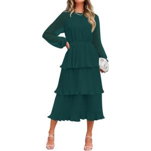 imageZESICA Womens 2025 Fall Long Sleeve Ruffle Tiered Layered Chiffon Flowy Swing Wedding Guest Cocktail Party Midi DressDarkgreen