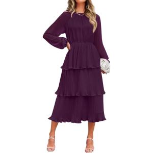imageZESICA Womens 2025 Fall Long Sleeve Ruffle Tiered Layered Chiffon Flowy Swing Wedding Guest Cocktail Party Midi DressDarkpurple
