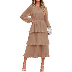 imageZESICA Womens 2025 Fall Long Sleeve Ruffle Tiered Layered Chiffon Flowy Swing Wedding Guest Cocktail Party Midi DressKhaki