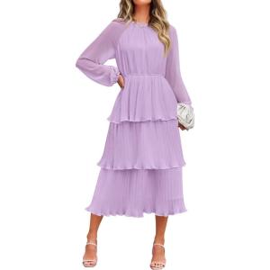 imageZESICA Womens 2025 Fall Long Sleeve Ruffle Tiered Layered Chiffon Flowy Swing Wedding Guest Cocktail Party Midi DressPurple