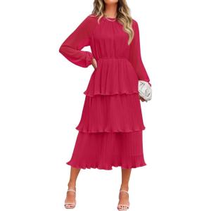 imageZESICA Womens 2025 Fall Long Sleeve Ruffle Tiered Layered Chiffon Flowy Swing Wedding Guest Cocktail Party Midi DressRose