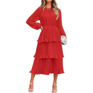 imageZESICA Womens 2025 Fall Long Sleeve Ruffle Tiered Layered Chiffon Flowy Swing Wedding Guest Cocktail Party Midi DressWatermelon