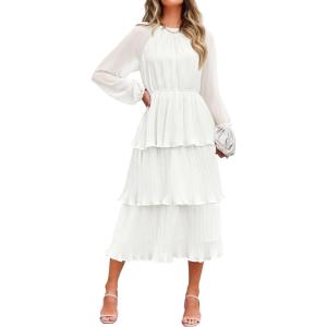 imageZESICA Womens 2025 Fall Long Sleeve Ruffle Tiered Layered Chiffon Flowy Swing Wedding Guest Cocktail Party Midi DressWhite