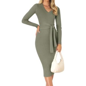 imageZESICA Womens 2025 Fall Sweater Dress V Neck Long Sleeve Ribbed Knit Tie Waist Bodycon Slim Fit Midi DressesArmygreen