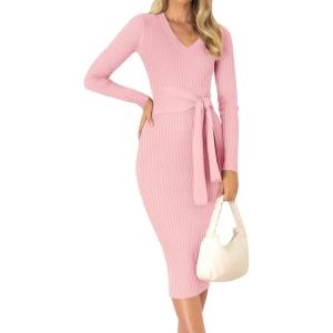 imageZESICA Womens 2025 Fall Sweater Dress V Neck Long Sleeve Ribbed Knit Tie Waist Bodycon Slim Fit Midi DressesPink