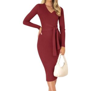 imageZESICA Womens 2025 Fall Sweater Dress V Neck Long Sleeve Ribbed Knit Tie Waist Bodycon Slim Fit Midi DressesRed