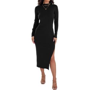 imageZESICA Womens 2025 Ribbed Knit Dress Long Sleeve Mock Neck Slim Fit Side Slit Fall Elegant Sweater DressesBlack