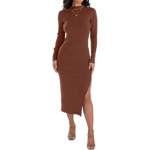 imageZESICA Womens 2025 Ribbed Knit Dress Long Sleeve Mock Neck Slim Fit Side Slit Fall Elegant Sweater DressesCoffee