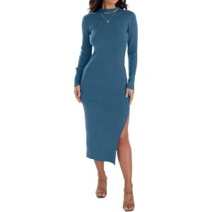 imageZESICA Womens 2025 Ribbed Knit Dress Long Sleeve Mock Neck Slim Fit Side Slit Fall Elegant Sweater DressesDarkblue