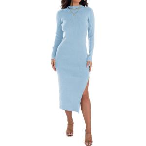 imageZESICA Womens 2025 Ribbed Knit Dress Long Sleeve Mock Neck Slim Fit Side Slit Fall Elegant Sweater DressesLightblue