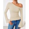 imageZESICA Womens Off Shoulder Tops Bell Long Sleeve Shirts 2025 Fall Trendy Going Out Ruched Tight Fitted Y2K ClothesApricot