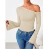 imageZESICA Womens Off Shoulder Tops Bell Long Sleeve Shirts 2025 Fall Trendy Going Out Ruched Tight Fitted Y2K ClothesApricot