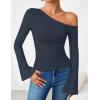 imageZESICA Womens Off Shoulder Tops Bell Long Sleeve Shirts 2025 Fall Trendy Going Out Ruched Tight Fitted Y2K ClothesNavy