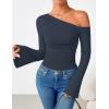 imageZESICA Womens Off Shoulder Tops Bell Long Sleeve Shirts 2025 Fall Trendy Going Out Ruched Tight Fitted Y2K ClothesNavy
