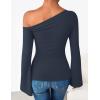 imageZESICA Womens Off Shoulder Tops Bell Long Sleeve Shirts 2025 Fall Trendy Going Out Ruched Tight Fitted Y2K ClothesNavy