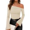 imageZESICA Womens Off Shoulder Tops Bell Long Sleeve Shirts 2025 Fall Trendy Going Out Ruched Tight Fitted Y2K ClothesApricot
