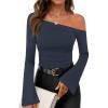 imageZESICA Womens Off Shoulder Tops Bell Long Sleeve Shirts 2025 Fall Trendy Going Out Ruched Tight Fitted Y2K ClothesNavy