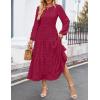 imageZESICA Womens Fall Long Sleeve Maxi Dresses 2025 Crew Neck Swiss Dot Tiered Flowy A Line Wedding Cocktail Party DressWine Red