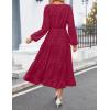 imageZESICA Womens Fall Long Sleeve Maxi Dresses 2025 Crew Neck Swiss Dot Tiered Flowy A Line Wedding Cocktail Party DressWine Red