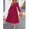 imageZESICA Womens Fall Long Sleeve Maxi Dresses 2025 Crew Neck Swiss Dot Tiered Flowy A Line Wedding Cocktail Party DressWine Red