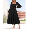 imageZESICA Womens Fall Long Sleeve Maxi Dresses 2025 Square Neck Hollow Out Eyelet Smocked A Line Cocktail Party DressBlack