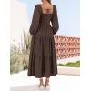 imageZESICA Womens Fall Long Sleeve Maxi Dresses 2025 Square Neck Hollow Out Eyelet Smocked A Line Cocktail Party DressCoffee